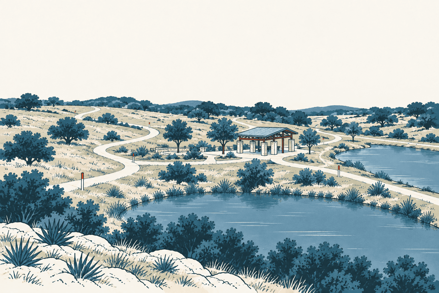 Airy cream, navy and muted-blue illustration of a park pavilion surrounded by winding trails, native shrubs and two ponds.