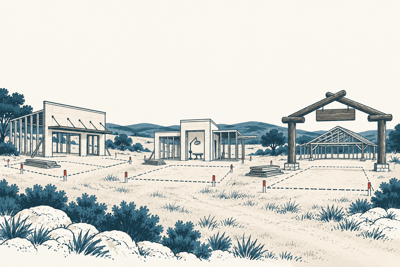 Stylized illustration of three planned building sites marked by survey stakes in a brushy Hill Country landscape.