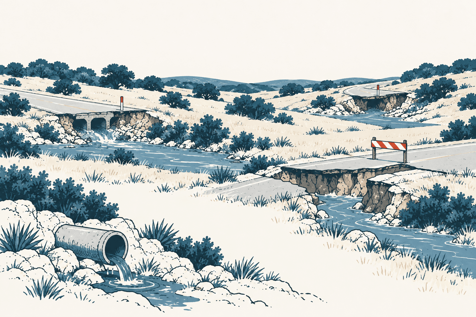 Stylized cream, navy and muted-blue landscape showing washed-out roads, flowing floodwater, a striped barricade and a drainage pipe.
