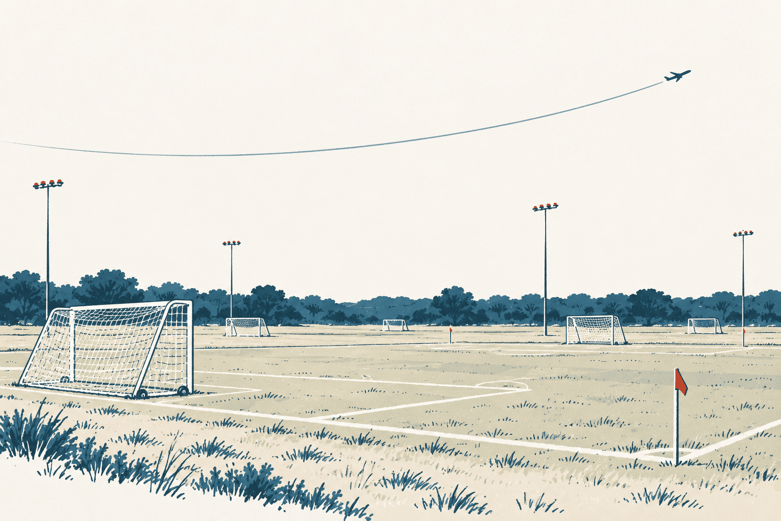 An airy cream-and-blue illustration of empty soccer fields, goals and light poles, with an airplane following a curved flight path overhead.