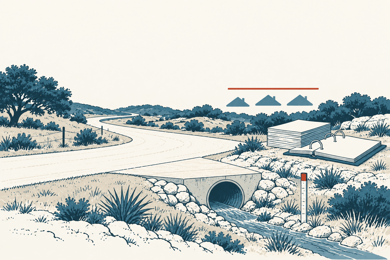 Stylized cream and navy illustration of a winding rural road crossing a drainage culvert, with stacked documents and small house symbols nearby.