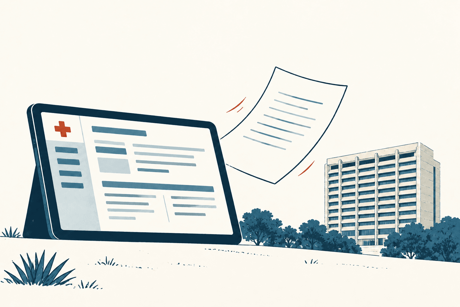 Illustrated tablet with a medical cross and abstract record lines, a floating document, and a clinic building among shrubs.