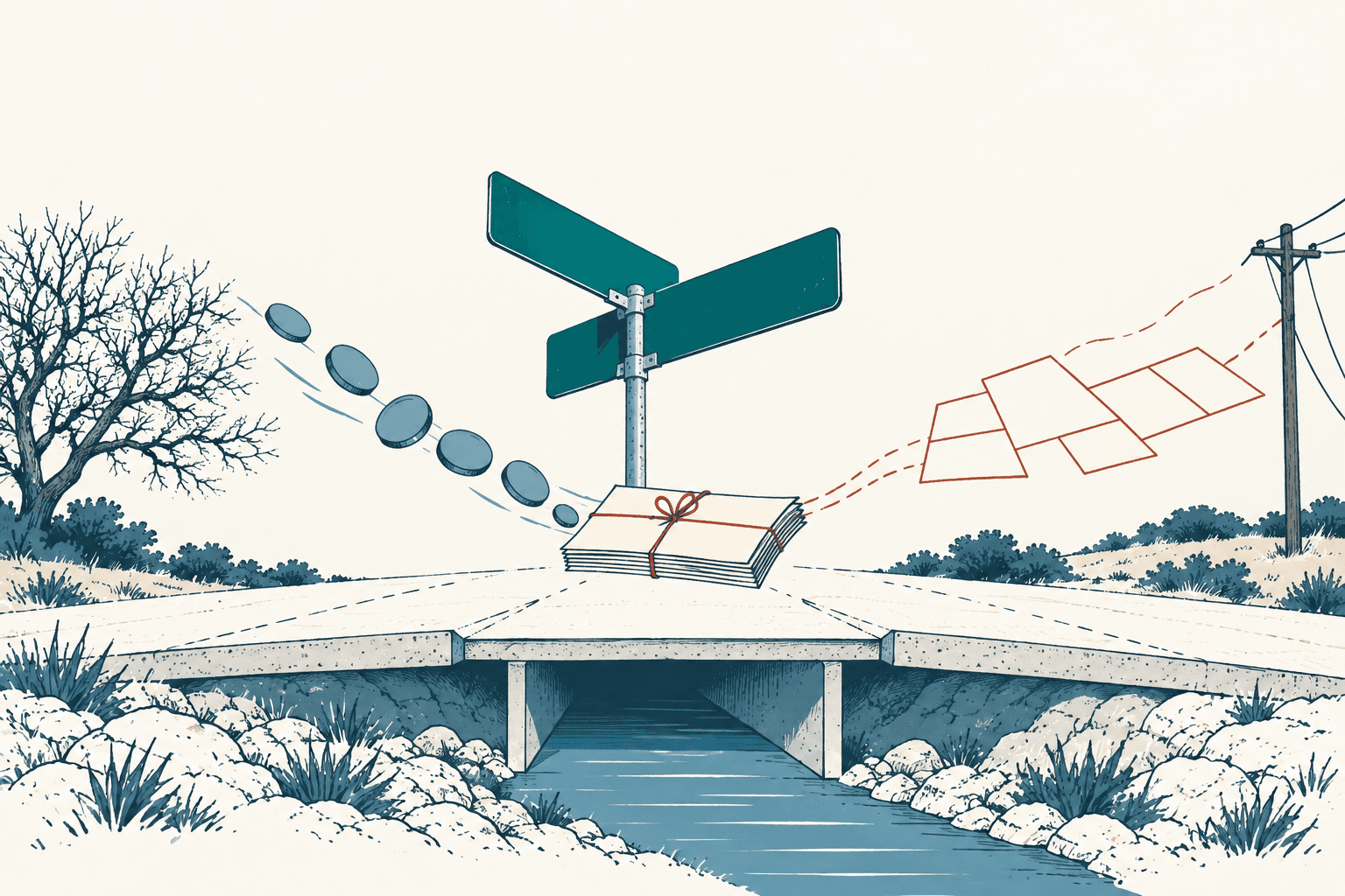 Editorial illustration of a rural street crossing above a drainage channel, with blank road signs, bundled financial documents, coins and envelopes suspended over the roadway.
