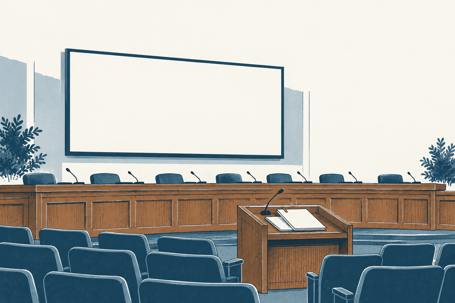 Illustrated empty city meeting chamber with a speaker’s lectern, microphones and rows of blue chairs.