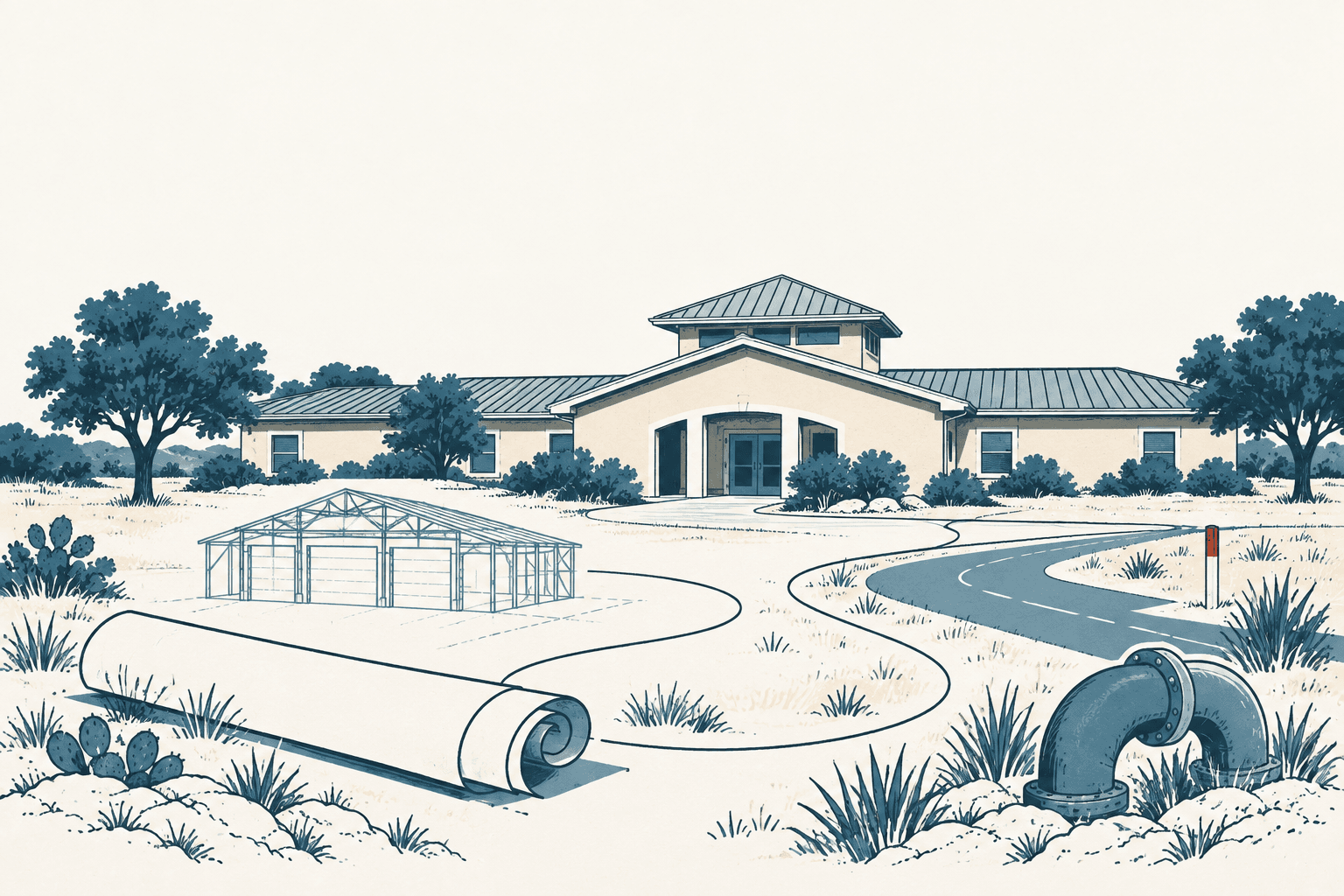 Stylized cream and navy illustration of a municipal building surrounded by rolled plans, a fire-station frame, a winding road and a wastewater pipe.