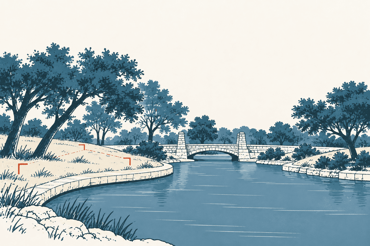 Blue water curves between grassy, tree-lined banks toward a small stone bridge, with rust-colored boundary marks on the left bank.