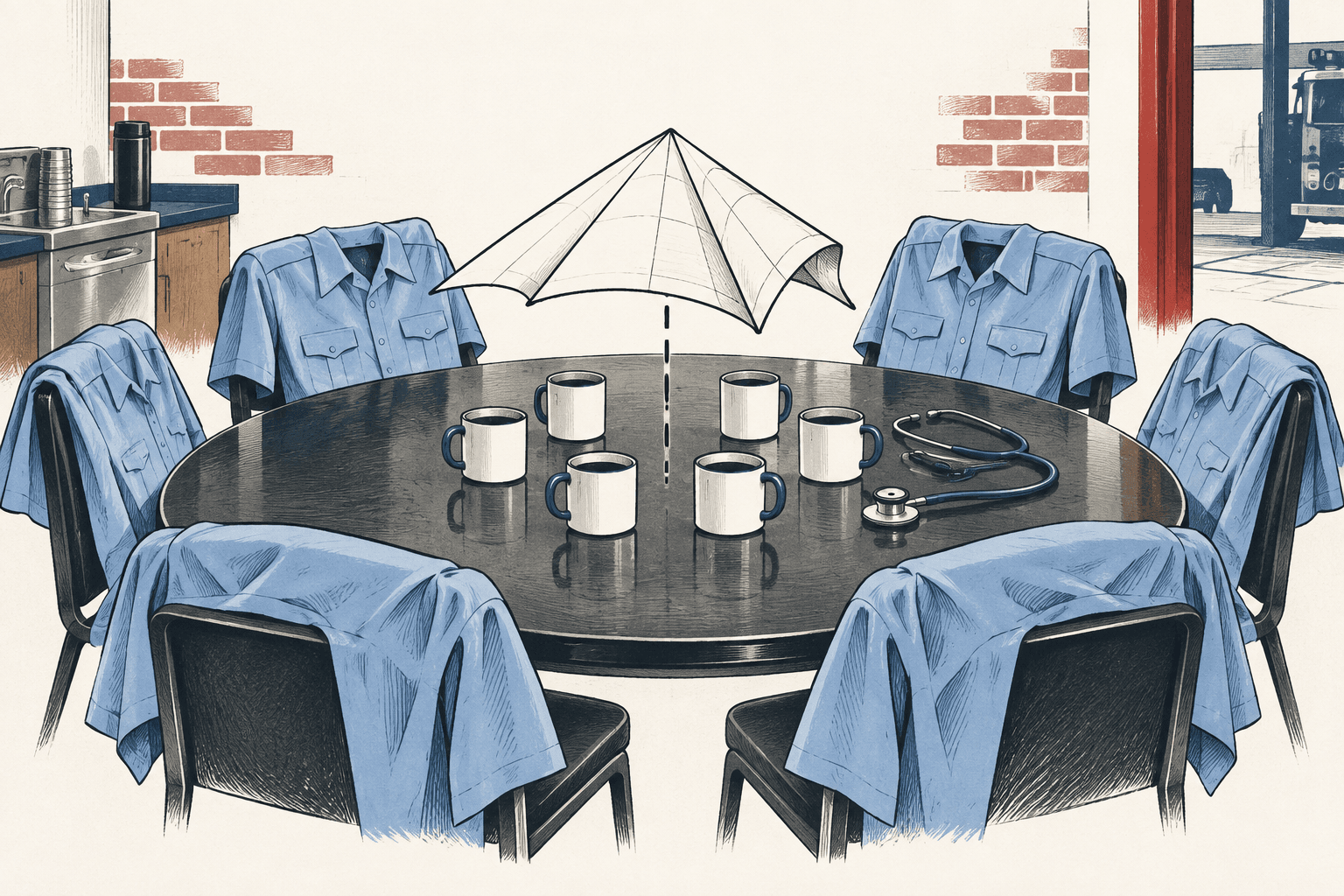 Hand-drawn editorial illustration of empty blue first-responder uniforms around a dark round table beneath a white umbrella, with six coffee mugs and a stethoscope.