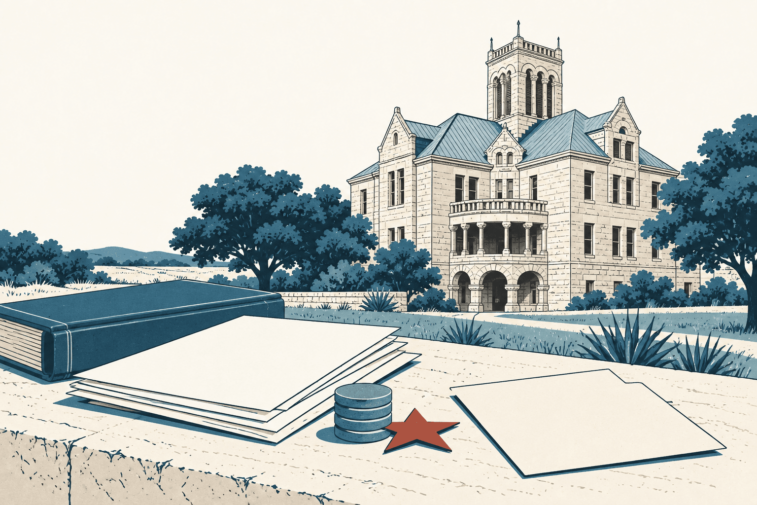 Stylized cream, navy and muted-blue illustration of a county building behind papers, stacked funding tokens and a red Texas star.