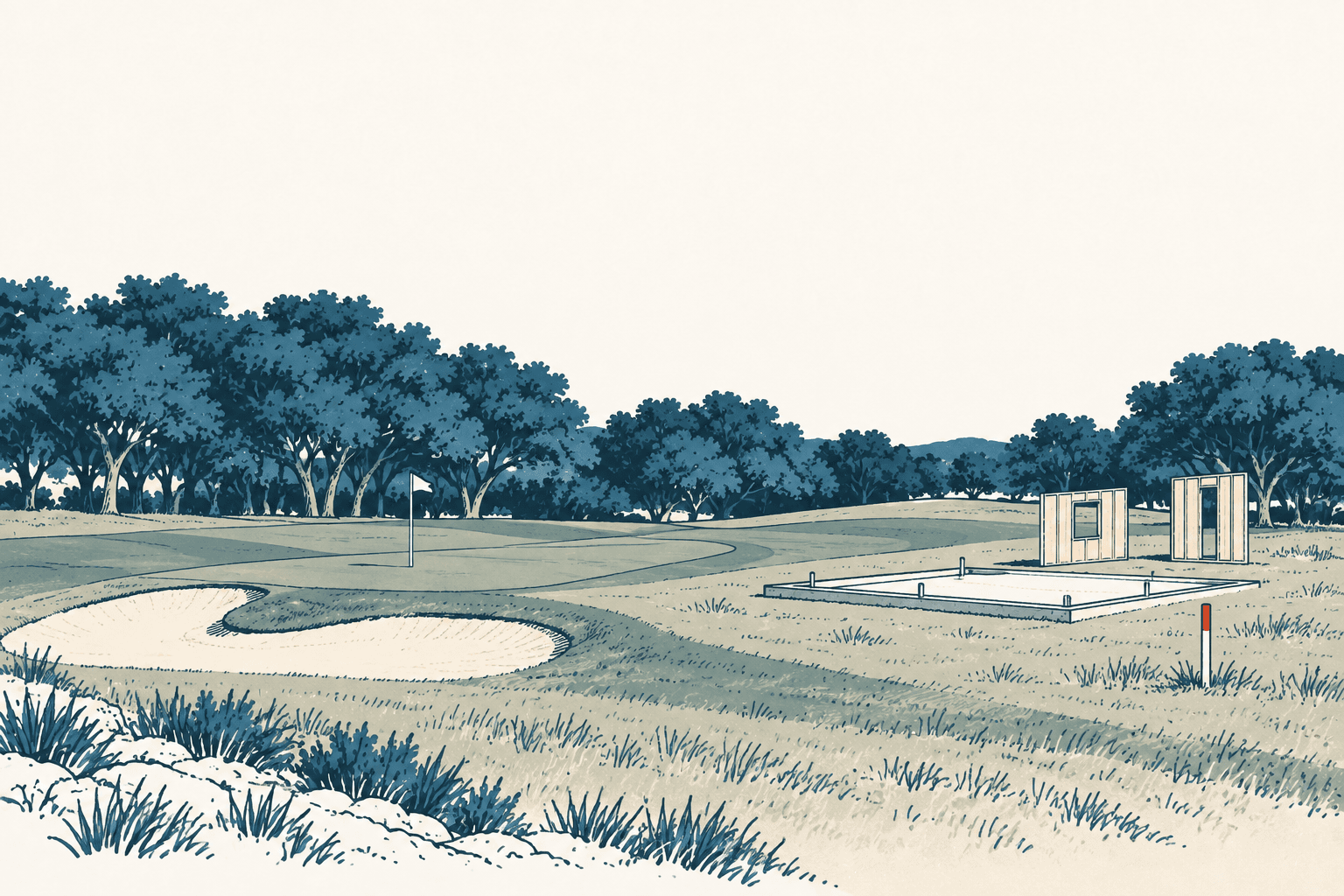 Stylized cream and muted-blue illustration of a partially framed home foundation amid open grassland, trees and a neighboring golf course.