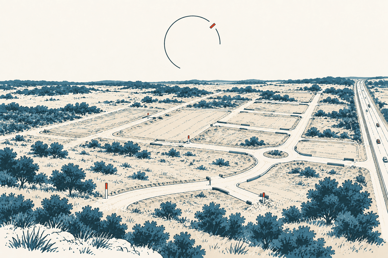 Aerial illustration of an undeveloped subdivision with curving roads, a roundabout, vacant lots and a highway amid scrubland.