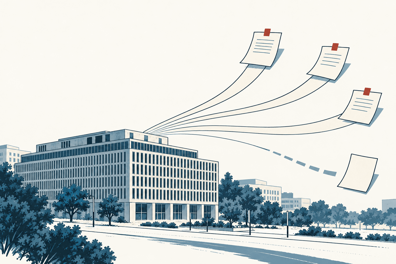Stylized federal office building with document sheets flowing toward several destinations while one blank sheet diverges, symbolizing Texas being left out of an Ed-Flex expansion.