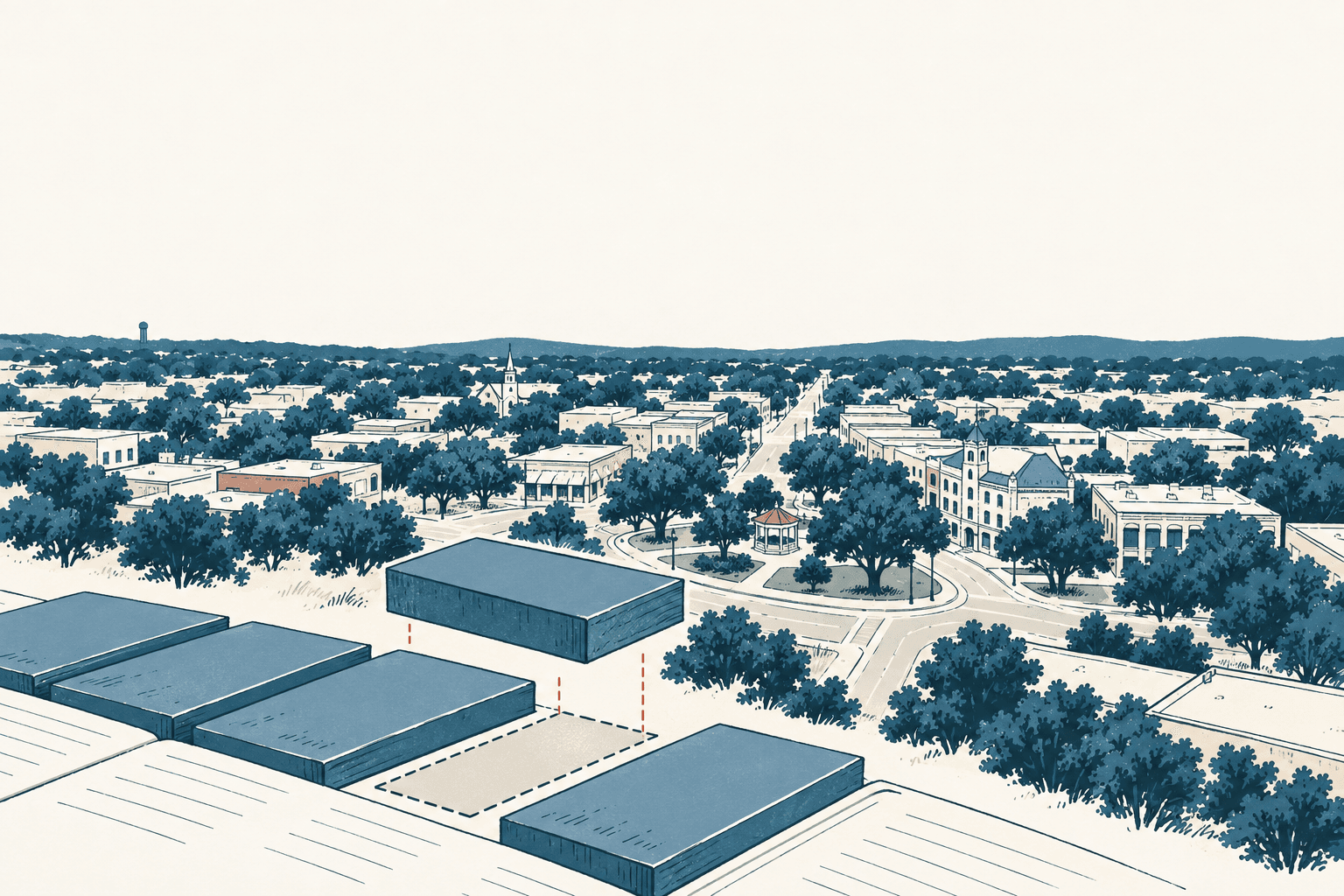 Airy cream and muted-blue illustration of a tree-filled city center with an outlined vacant development site among buildings in the foreground.