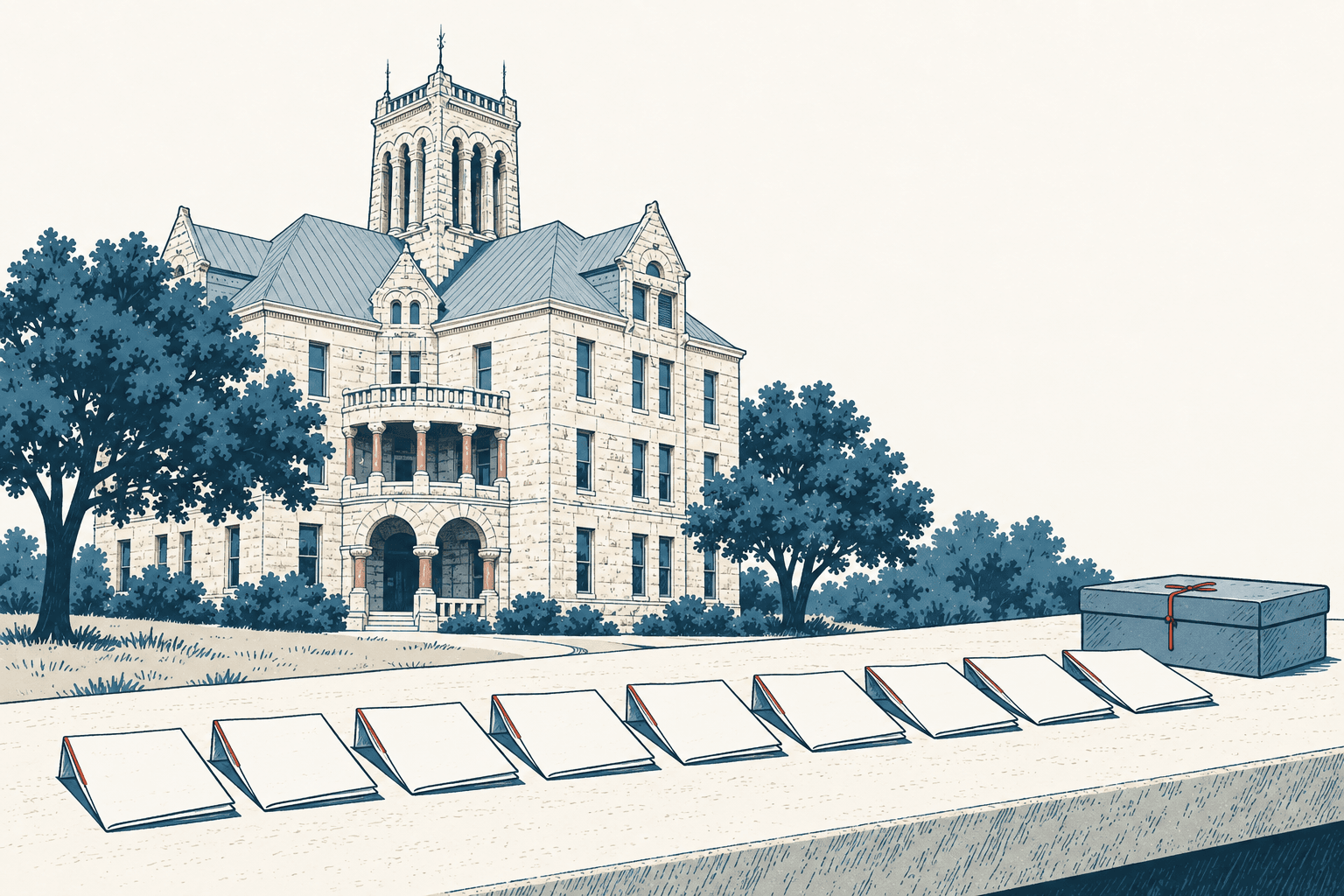 Airy cream, navy and muted-blue illustration of folded ballots lined up before a historic county courthouse, with a sealed ballot box at right.