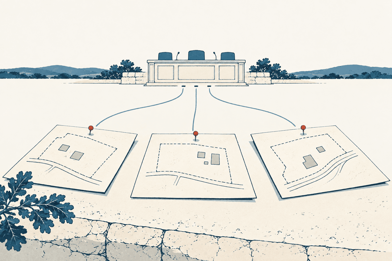 Three pinned property-site plans connect by lines to an empty public-hearing dais, symbolizing special-use requests scheduled for city review.