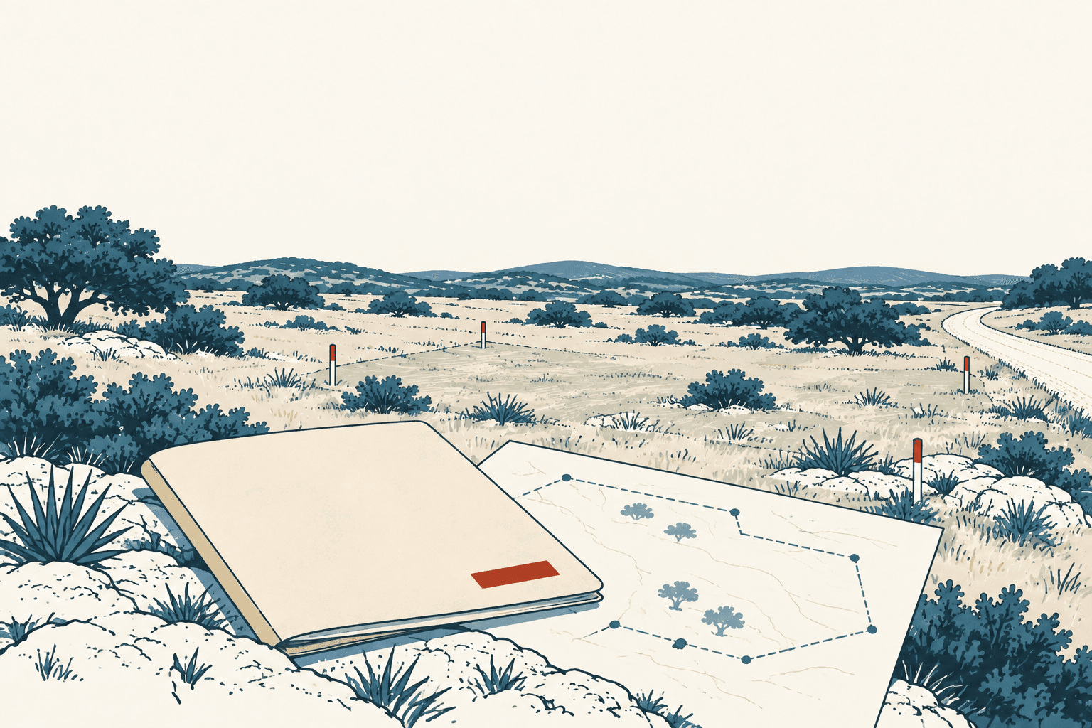 Stylized cream, navy and muted-blue illustration of a folder and parcel map lying amid scrubland, with a winding road and low hills in the distance.