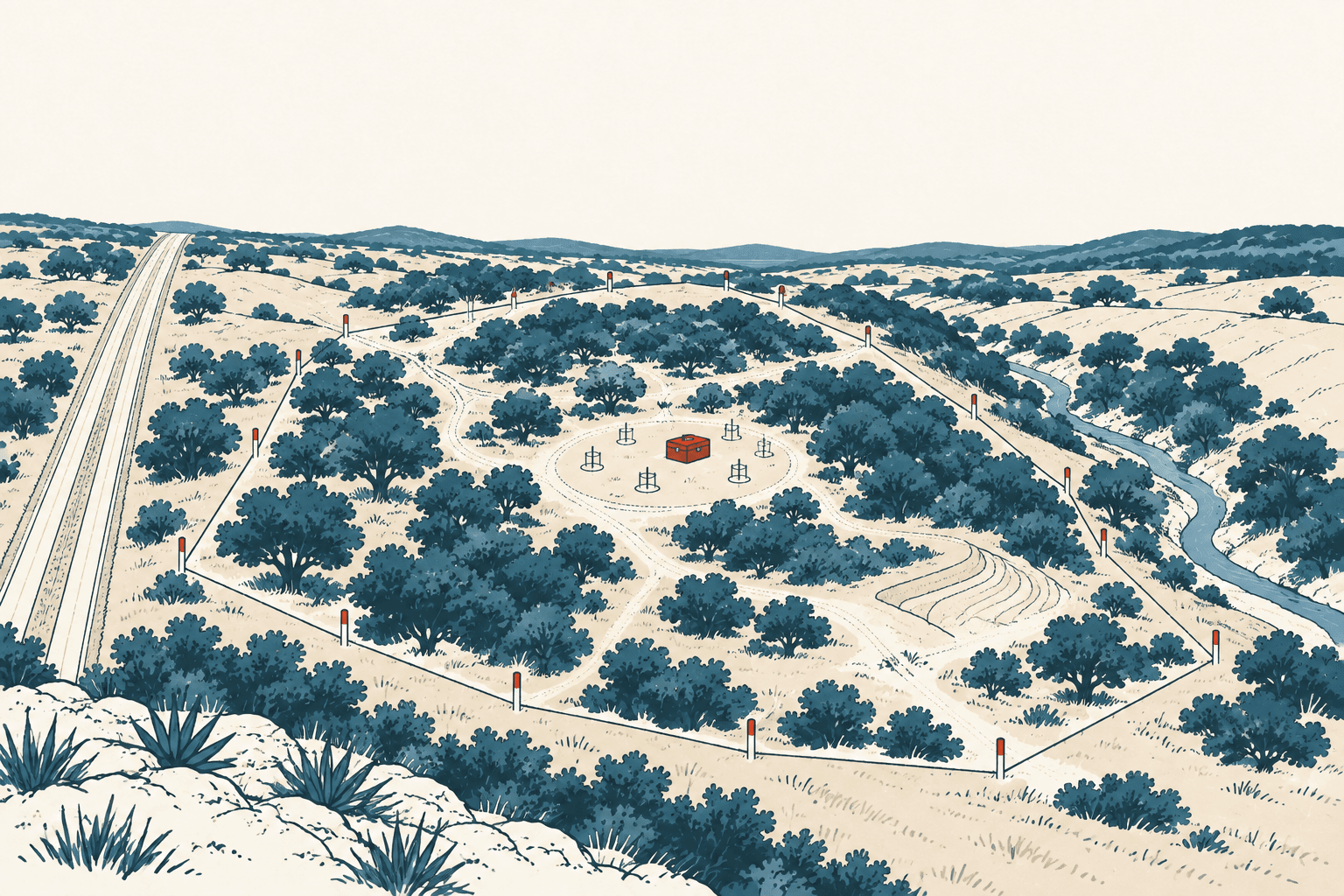 Editorial illustration of a surveyed ranch landscape with scattered trees, winding roads, a creek, boundary stakes and a small central development site.