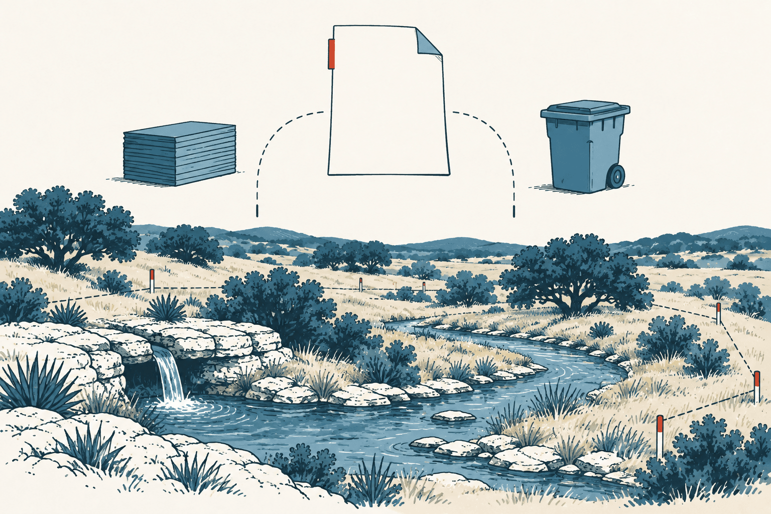 Stylized illustration of a creek winding through protected Hill Country land beneath icons of a document stack, official paper and waste bin.