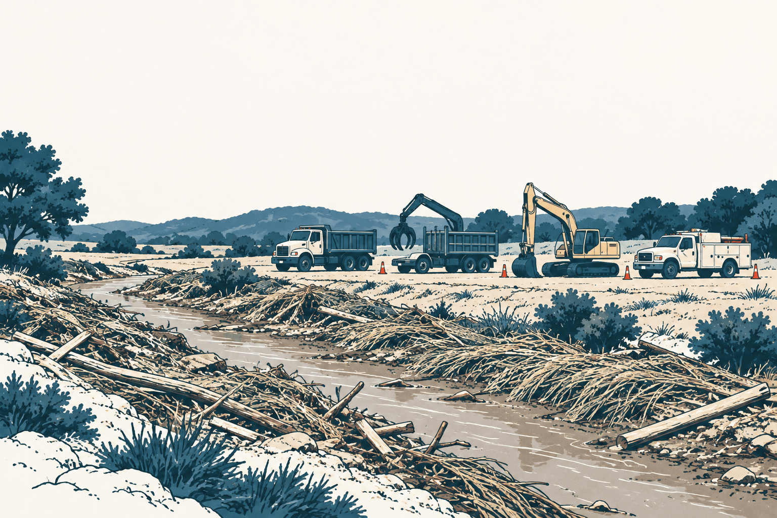 Stylized cream, navy and muted-blue illustration of dump trucks, excavators and a utility vehicle beside a waterway filled with branches and storm debris.