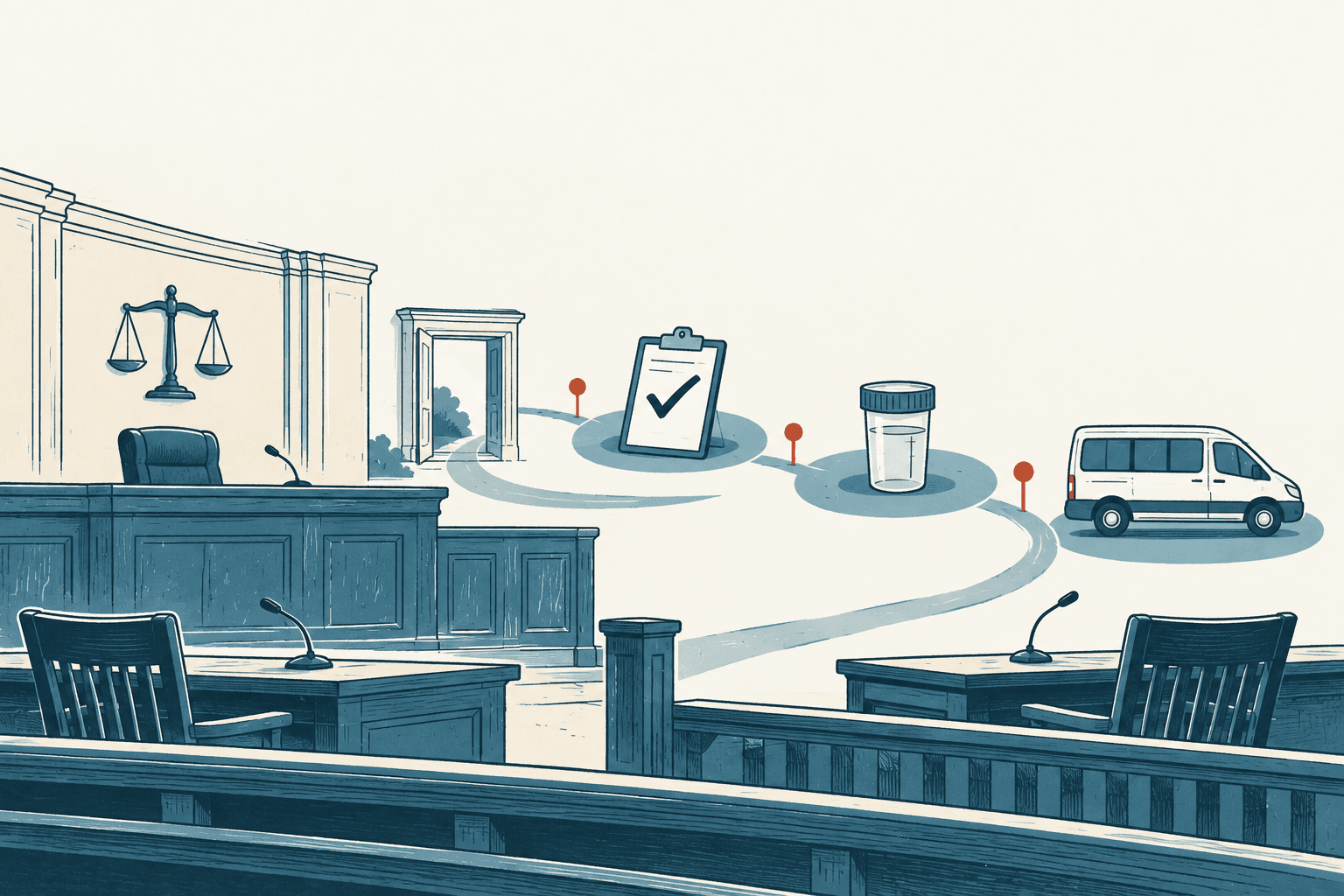 An empty courtroom opens onto a winding path connecting a checked clipboard, specimen cup and passenger van, symbolizing treatment court support services.