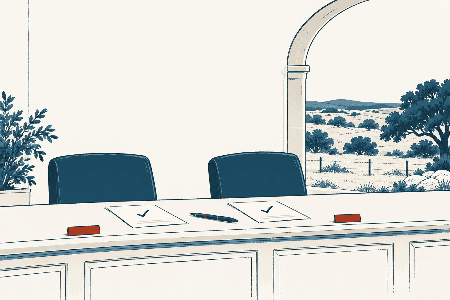 Airy cream, navy, and muted-blue illustration of an empty council dais with two checked ballot sheets, a pen, and a view of rolling countryside through an arch.
