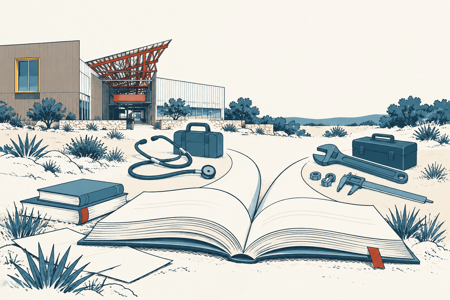 An open textbook, stacked books, a stethoscope and trade tools sit outside a modern college building in a cream, navy and muted-blue illustration.
