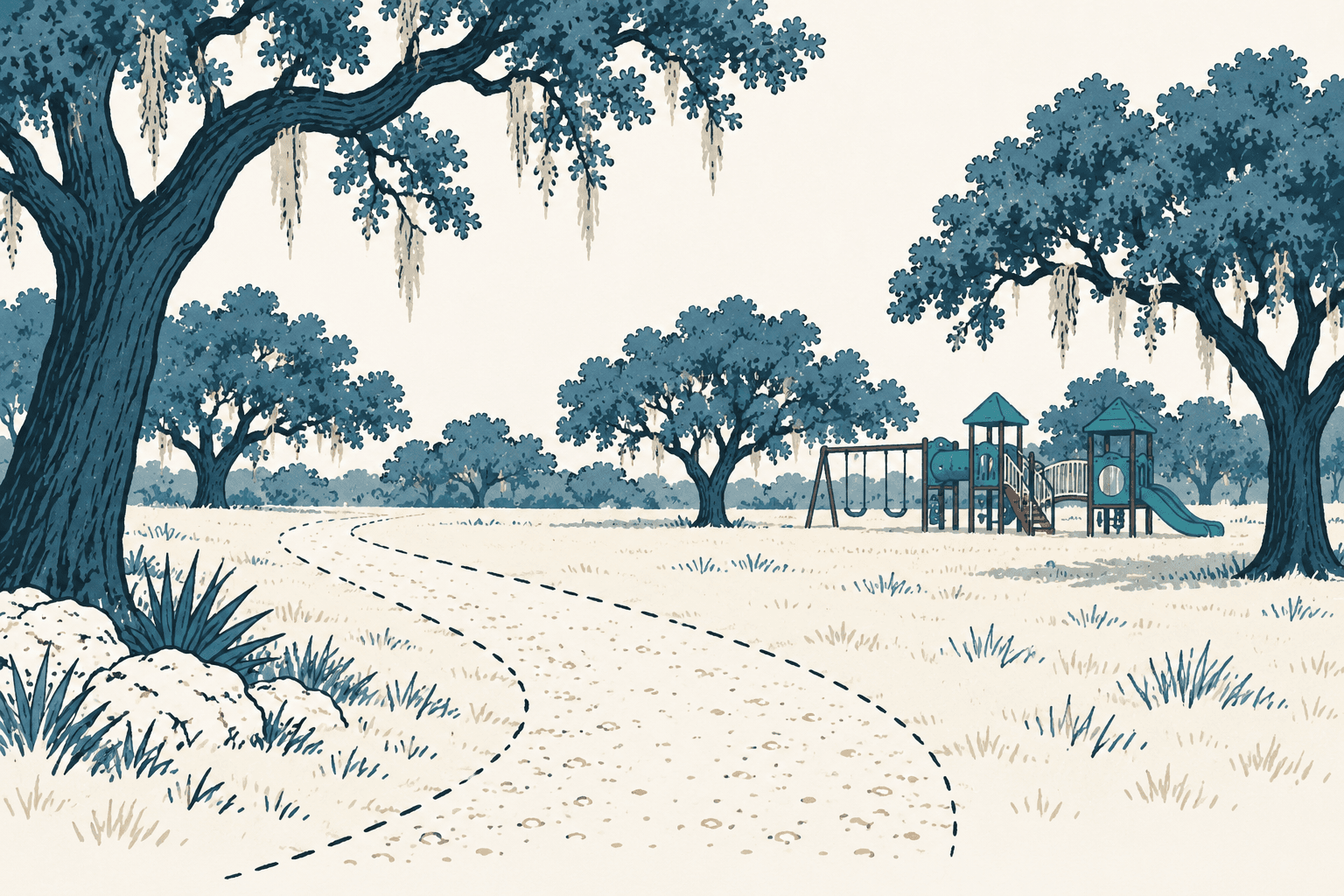 A pale winding path crosses a grassy park beneath blue oak trees, with a playground in the distance.