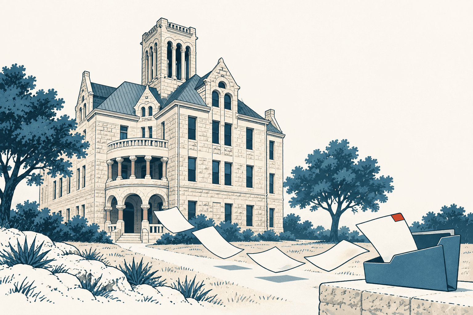 Airy cream-and-navy illustration of a historic county government building with loose papers drifting toward an open file folder in the foreground.