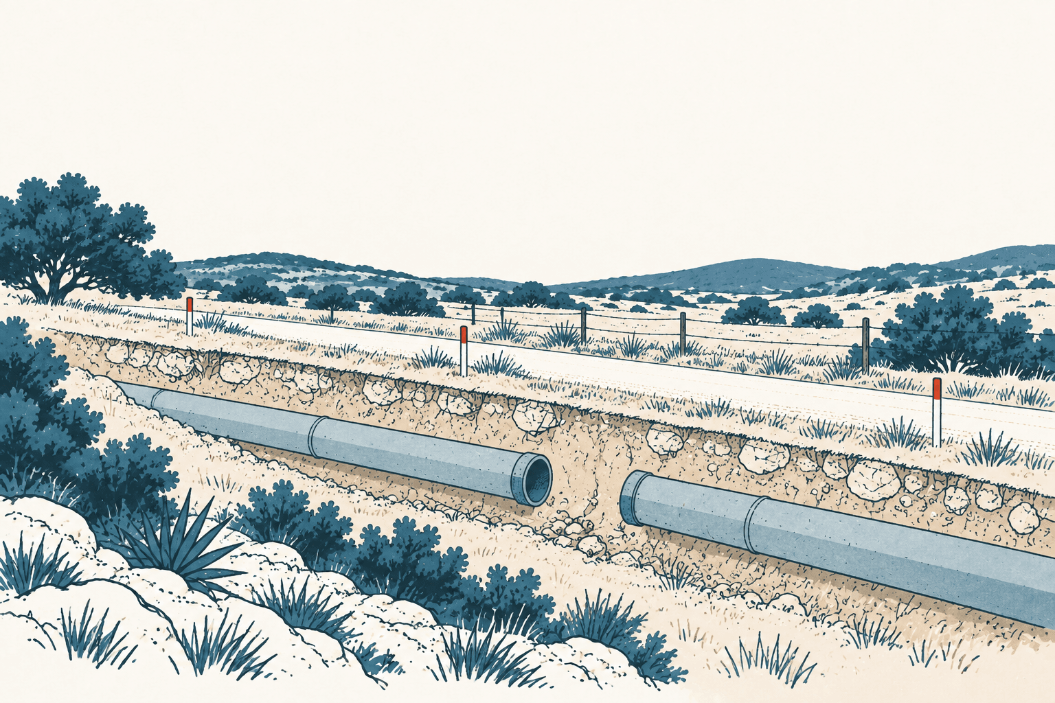 Editorial illustration of large sewer pipes in a shallow trench beside a fenced rural road, surrounded by scrub, rocks and low hills.