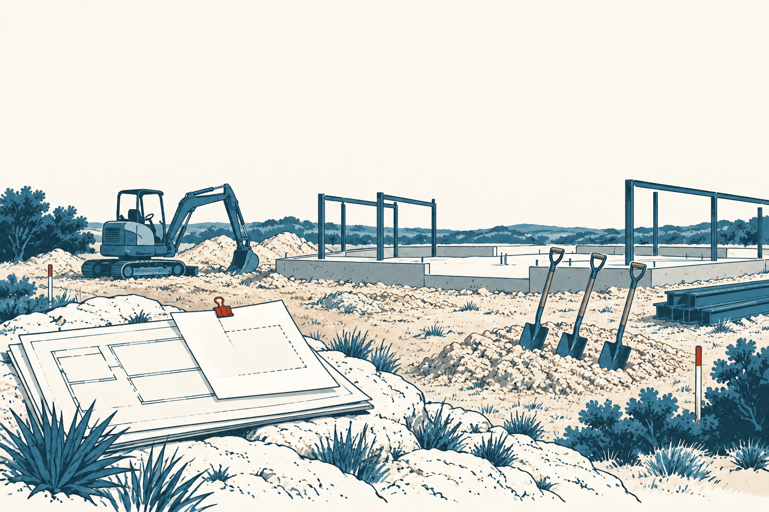 Architectural plans lie in the foreground of a rural construction site with an excavator, concrete foundation, steel framing and shovels.
