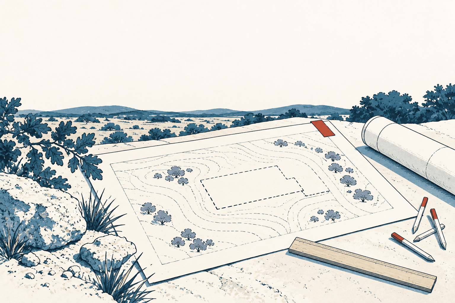 Illustrated site plan with a dashed building footprint, contour lines, drafting tools and a rolled blueprint overlooking a scrub-covered Hill Country landscape.