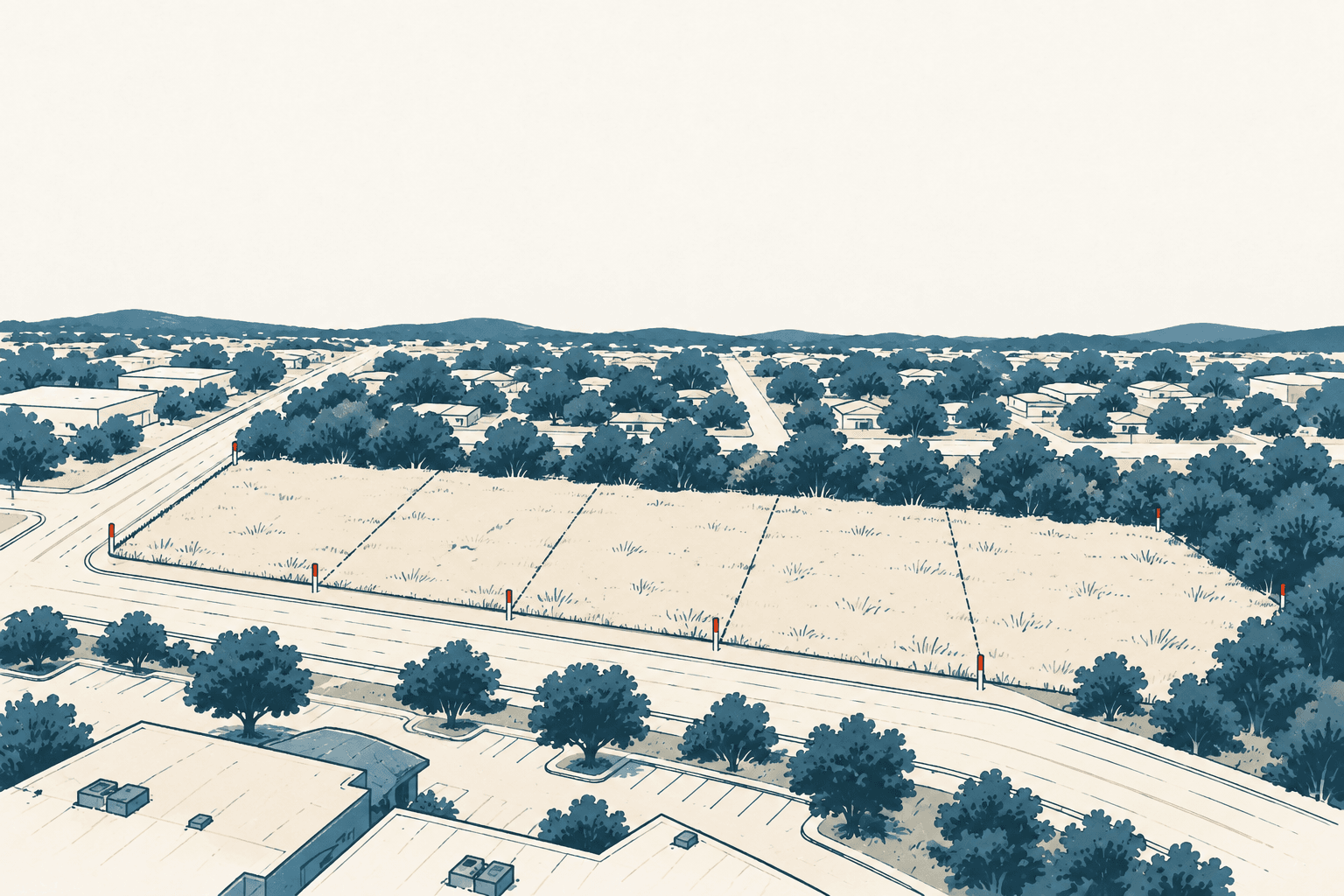 Aerial illustration of five divided, undeveloped roadside parcels bordered by trees, with a suburban neighborhood in the distance.