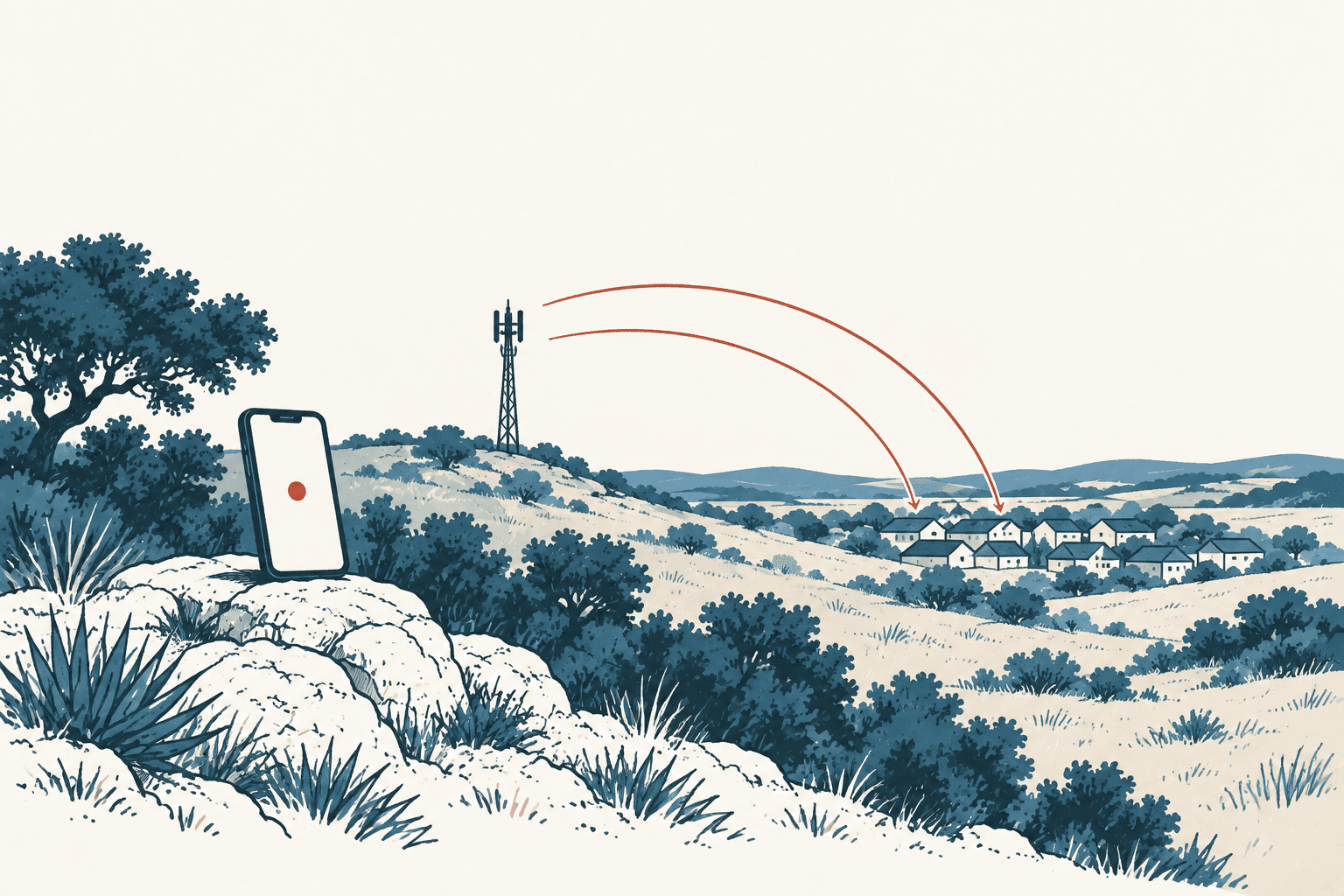 Stylized cream and navy landscape with a smartphone, cell tower and red signal arcs reaching homes across rural hills.