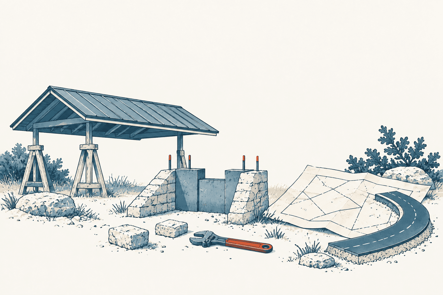 Editorial illustration of a roofed park structure, partially built masonry walls, a wrench, property plans and a curved road segment on an airy cream background.