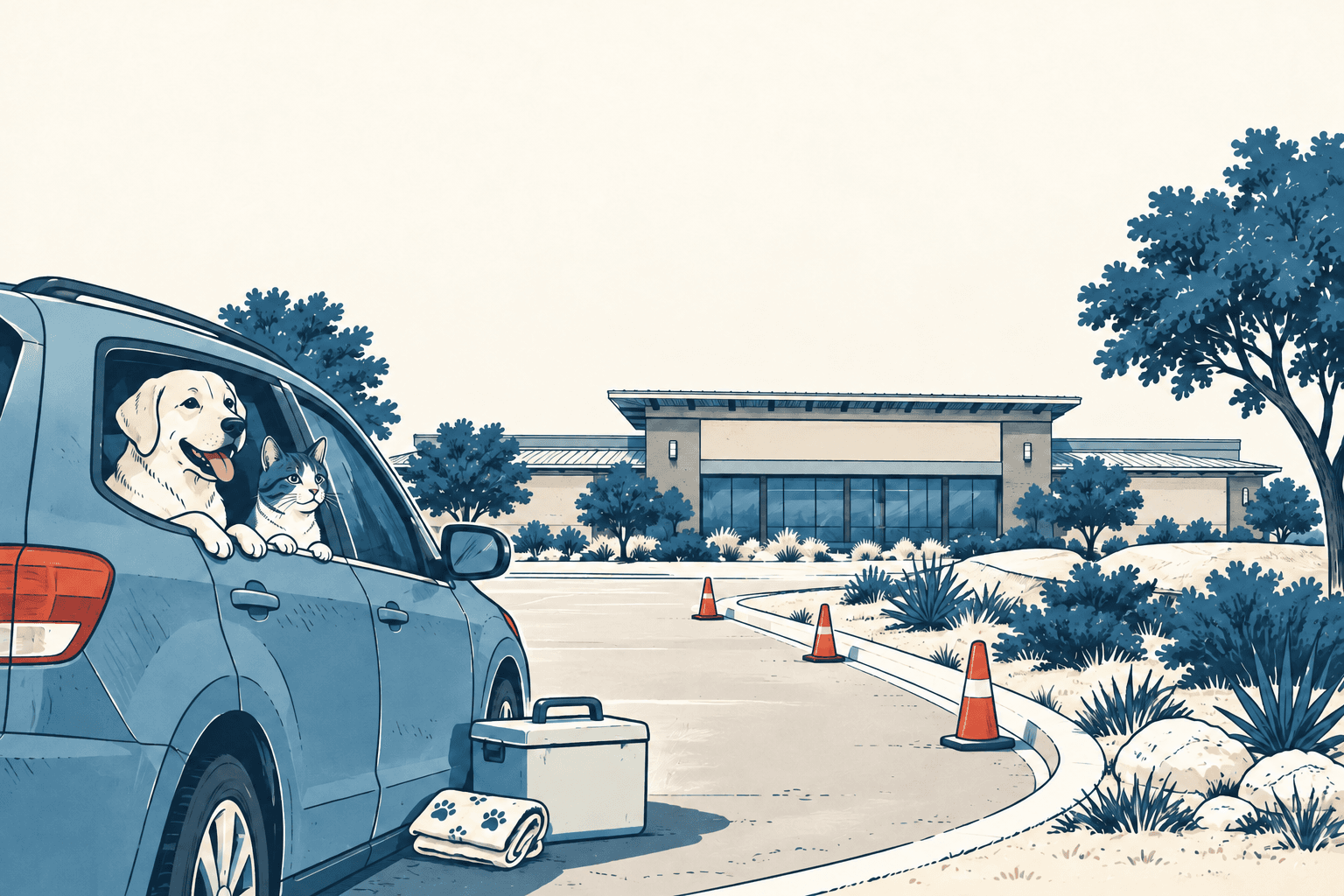 A dog and cat look out of a blue vehicle beside a carrier and paw-print blanket, with traffic cones and a low building ahead.