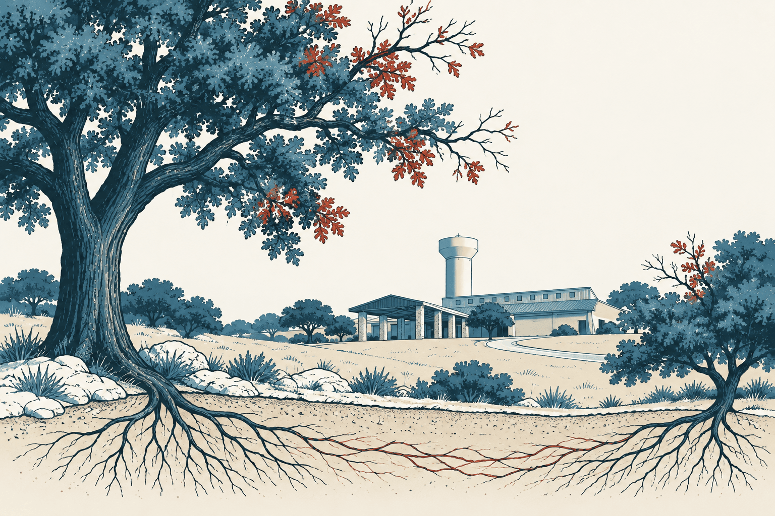 Stylized cream and muted-blue landscape with mature oak trees, exposed roots threaded with red, and a municipal building and water tower in the distance.