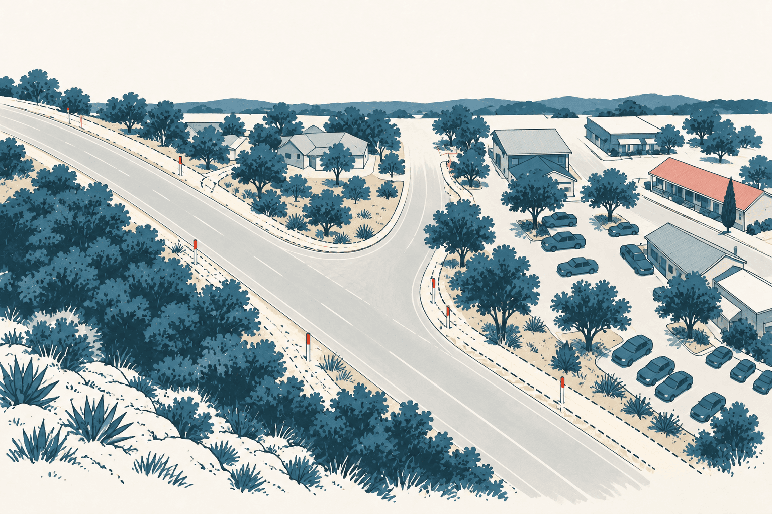 Airy cream and muted-blue illustration of a curving roadway with a separated trail, roadside vegetation, homes, businesses and parked cars.