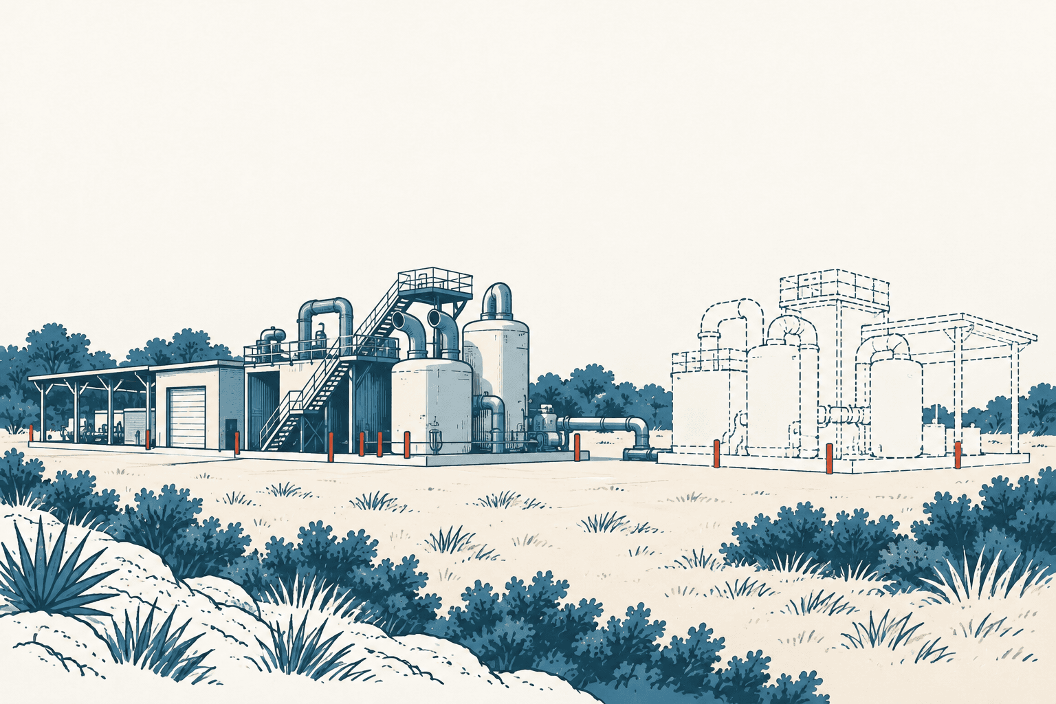 Blue line illustration of wastewater tanks and pipes beside a dashed outline of additional treatment structures, surrounded by scrub vegetation.