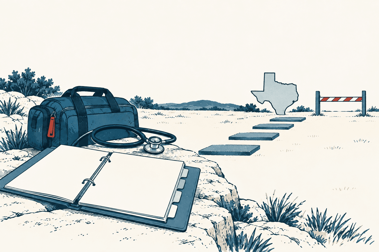 An EMT bag, stethoscope and open binder sit beside stepping stones leading toward a Texas-shaped marker and a striped barrier.