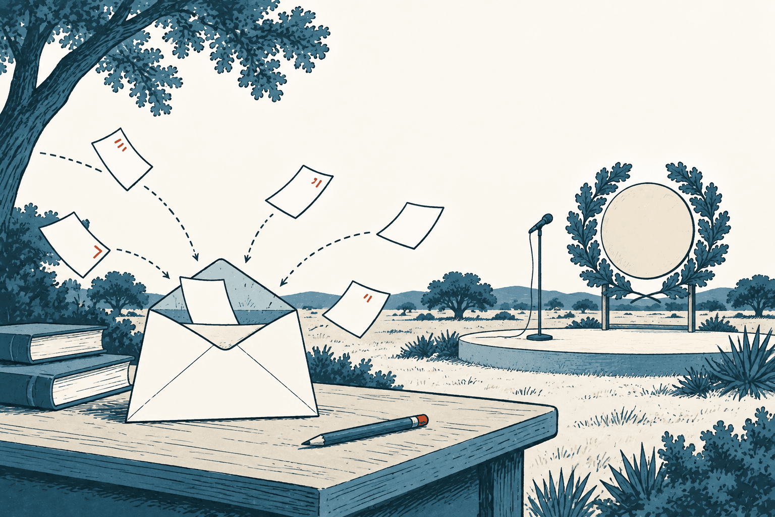An open envelope, nomination papers, books and a pencil sit beneath a tree, with dotted arrows leading toward the envelope and an empty awards stage in the distance.