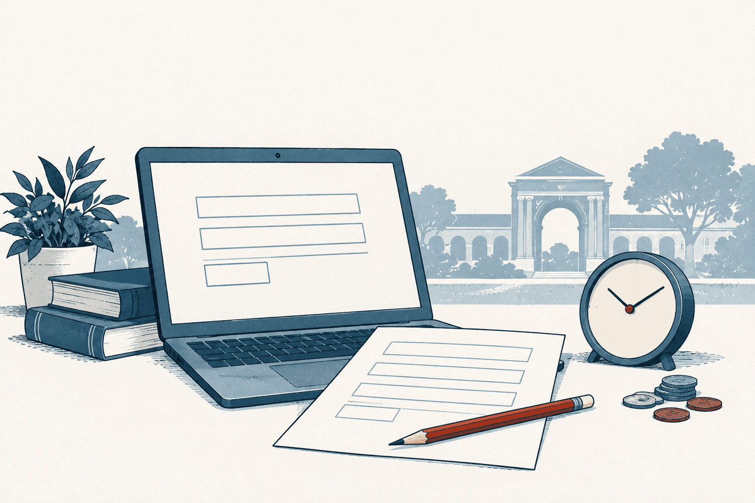 A blank application form and pencil sit beside a laptop, books, coins and a clock, with a campus arch in the background.