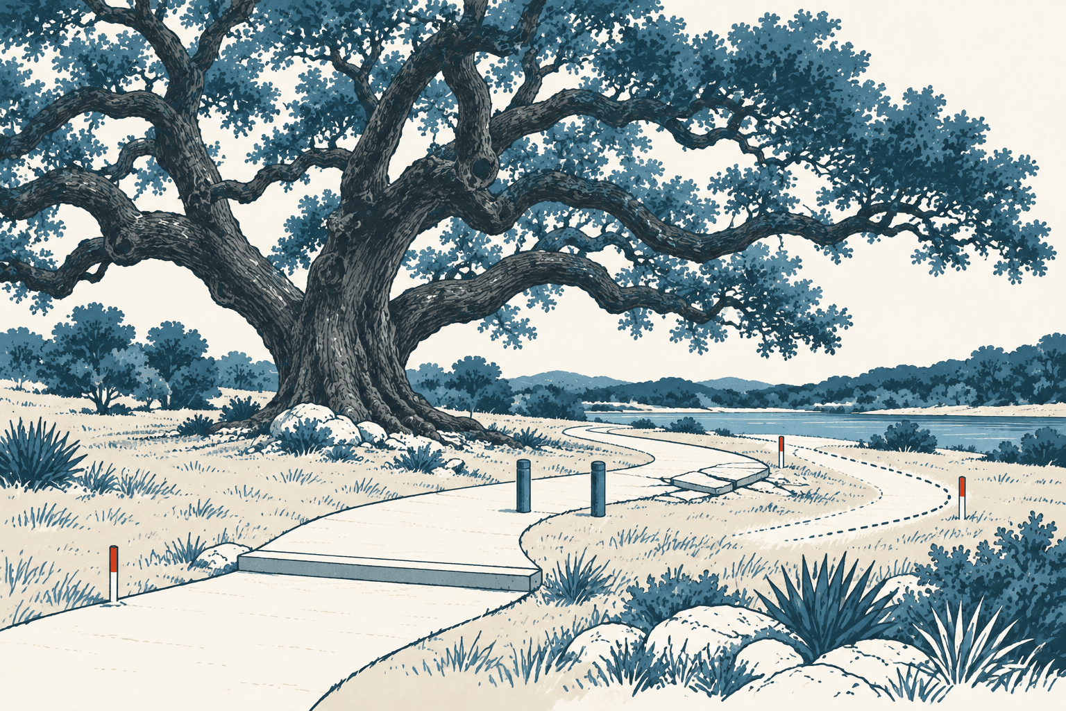 A winding park path with steps, cracked pavement and closely spaced bollards beneath a large oak tree.
