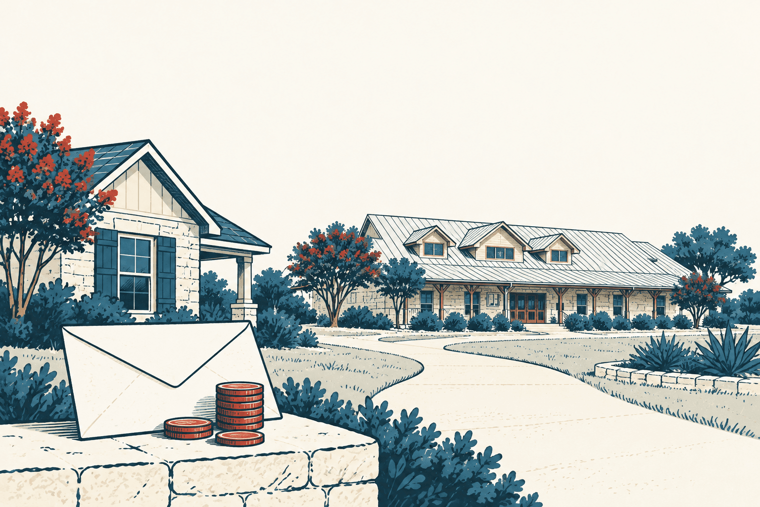 An envelope and stacks of rust-colored coins sit in front of two buildings along a landscaped driveway.