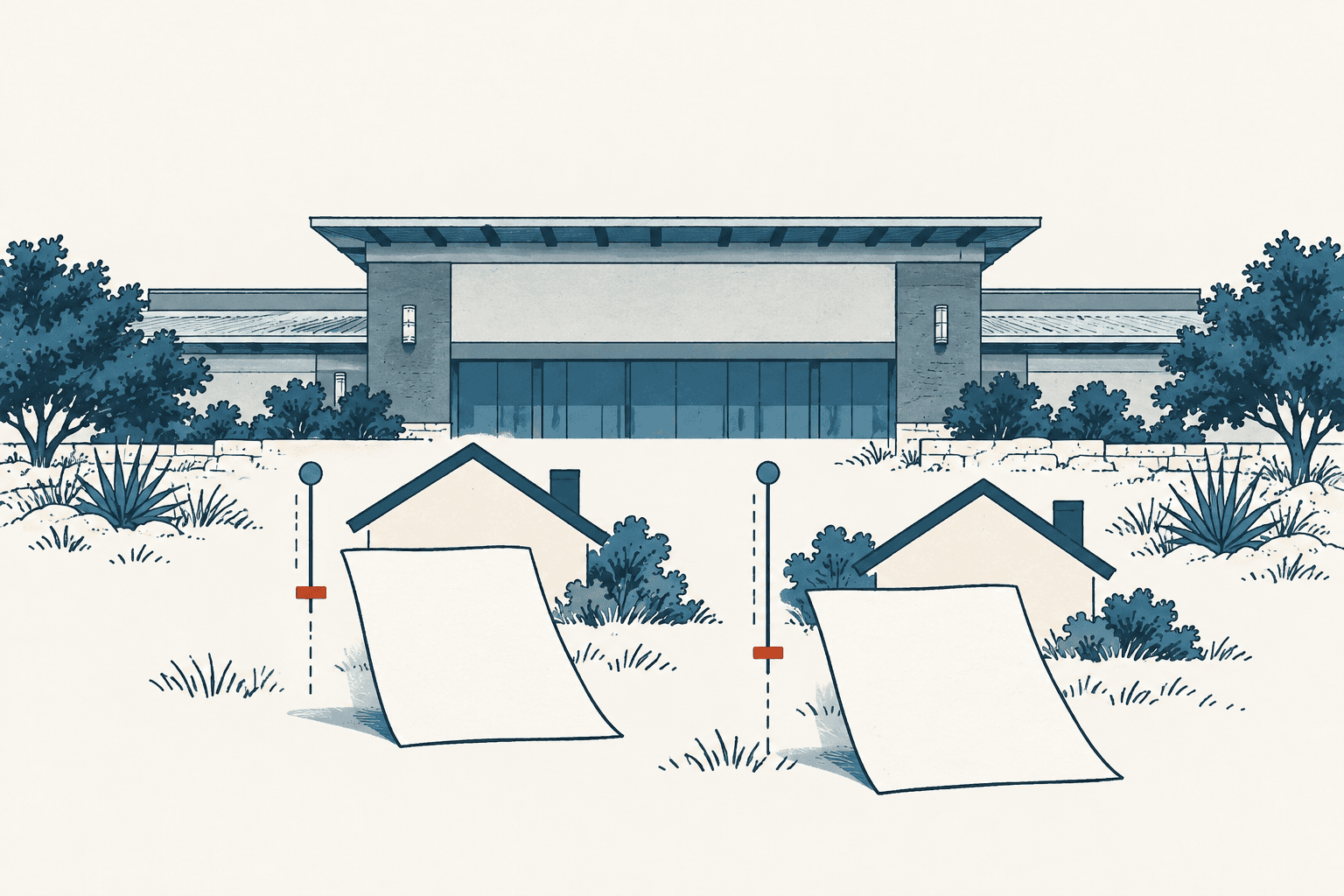 Stylized illustration of two homes and blank tax-bill sheets in front of a municipal building, suggesting reduced property-tax estimates.