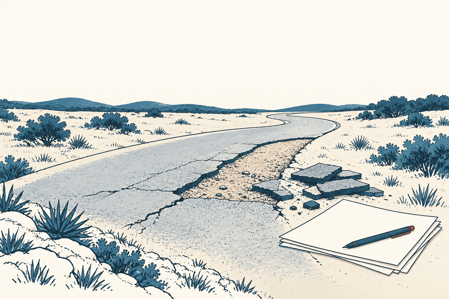 A cracked road winds through pale scrubland, with broken pavement, blank papers, and a pen in the foreground.