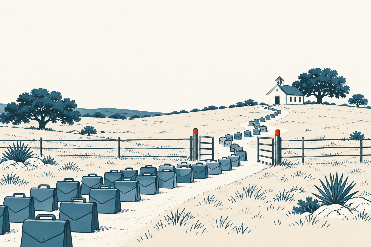 Rows of blue school bags follow a winding path through an open gate toward a small schoolhouse in an airy cream-and-blue Texas landscape.