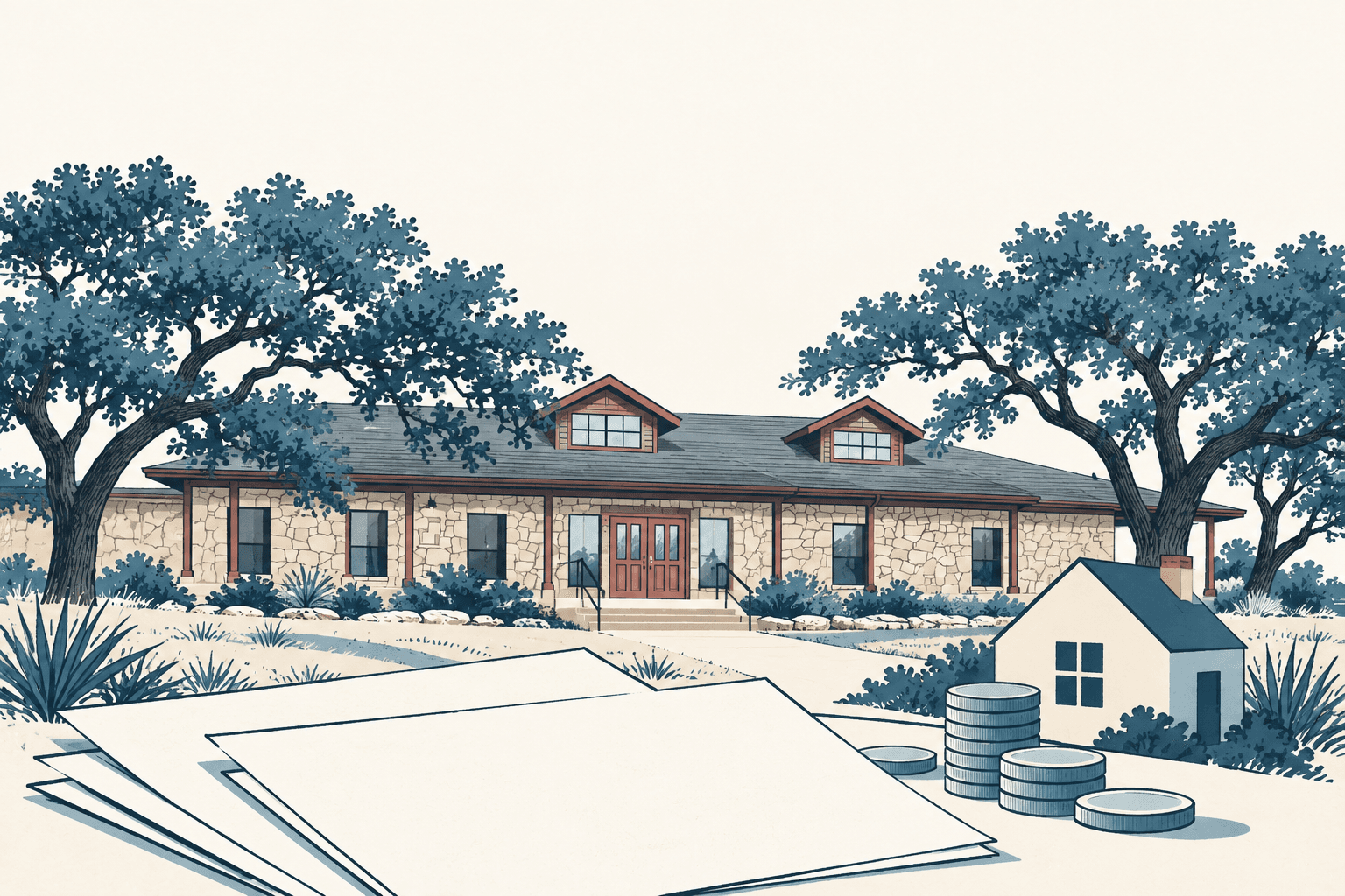 Illustrated stone building framed by trees, with blank papers, stacked coins and a small house in the foreground.