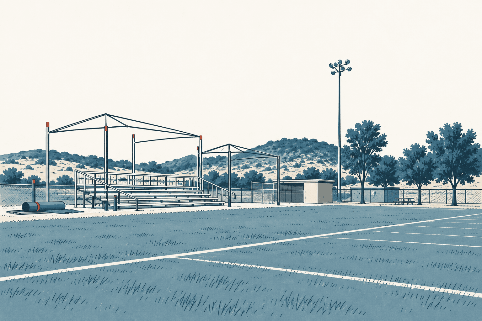 An illustrated empty sports field with metal bleachers, open shade frames, fencing, trees and hills in the background.