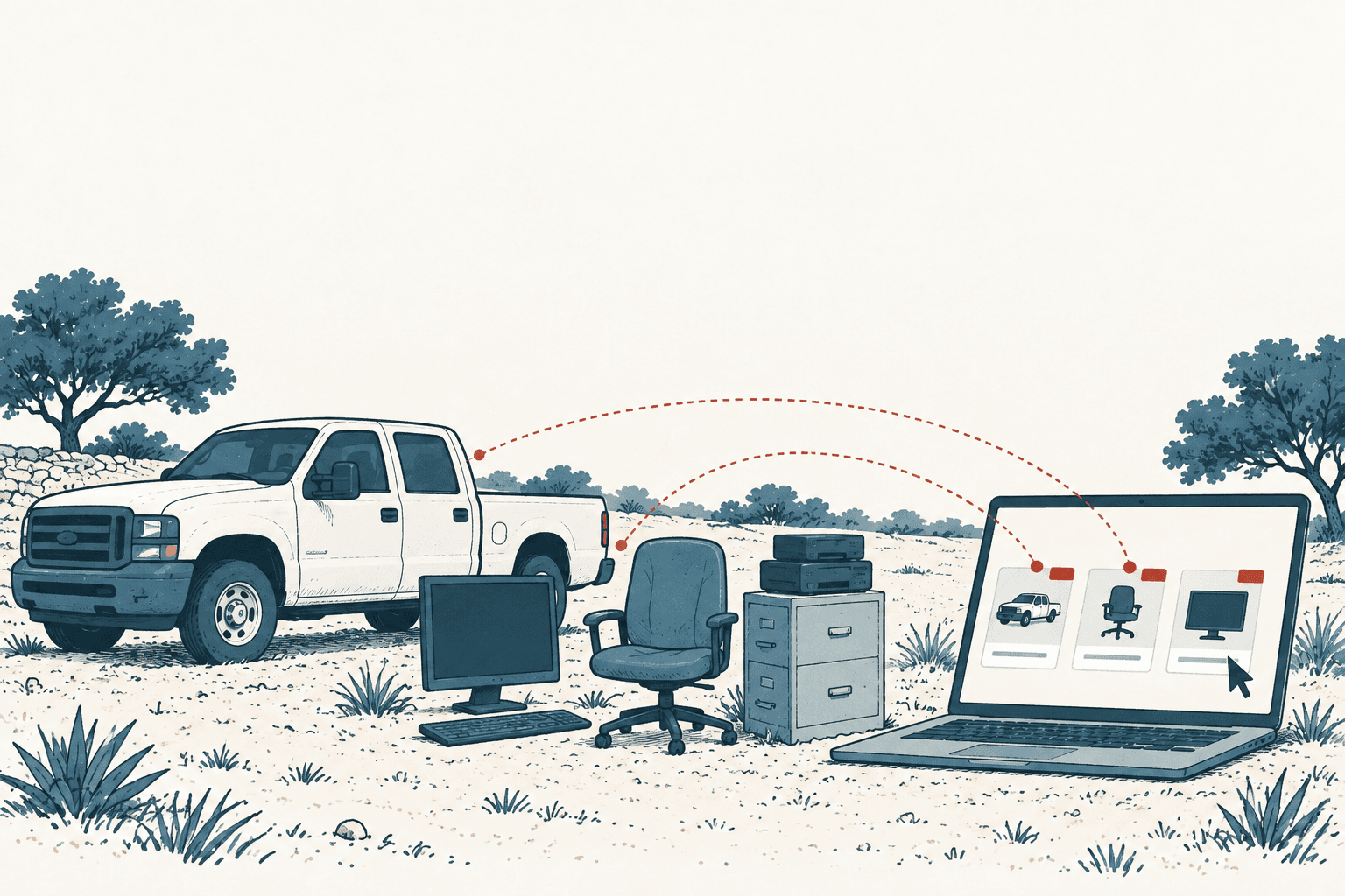 Stylized illustration of a pickup truck, monitor, office chair and filing cabinet beside a laptop displaying online auction listings.