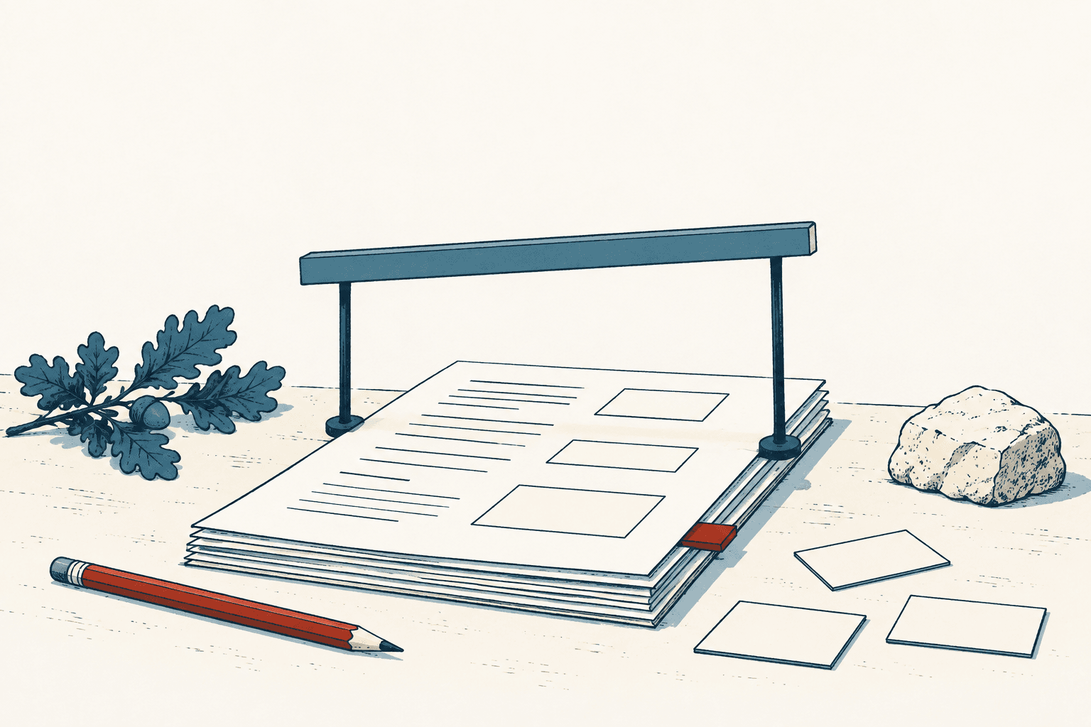 Stylized cream-and-navy illustration of a stack of official-looking papers with blank boxes beneath a horizontal frame, surrounded by a red pencil, loose cards, an oak sprig and a stone.