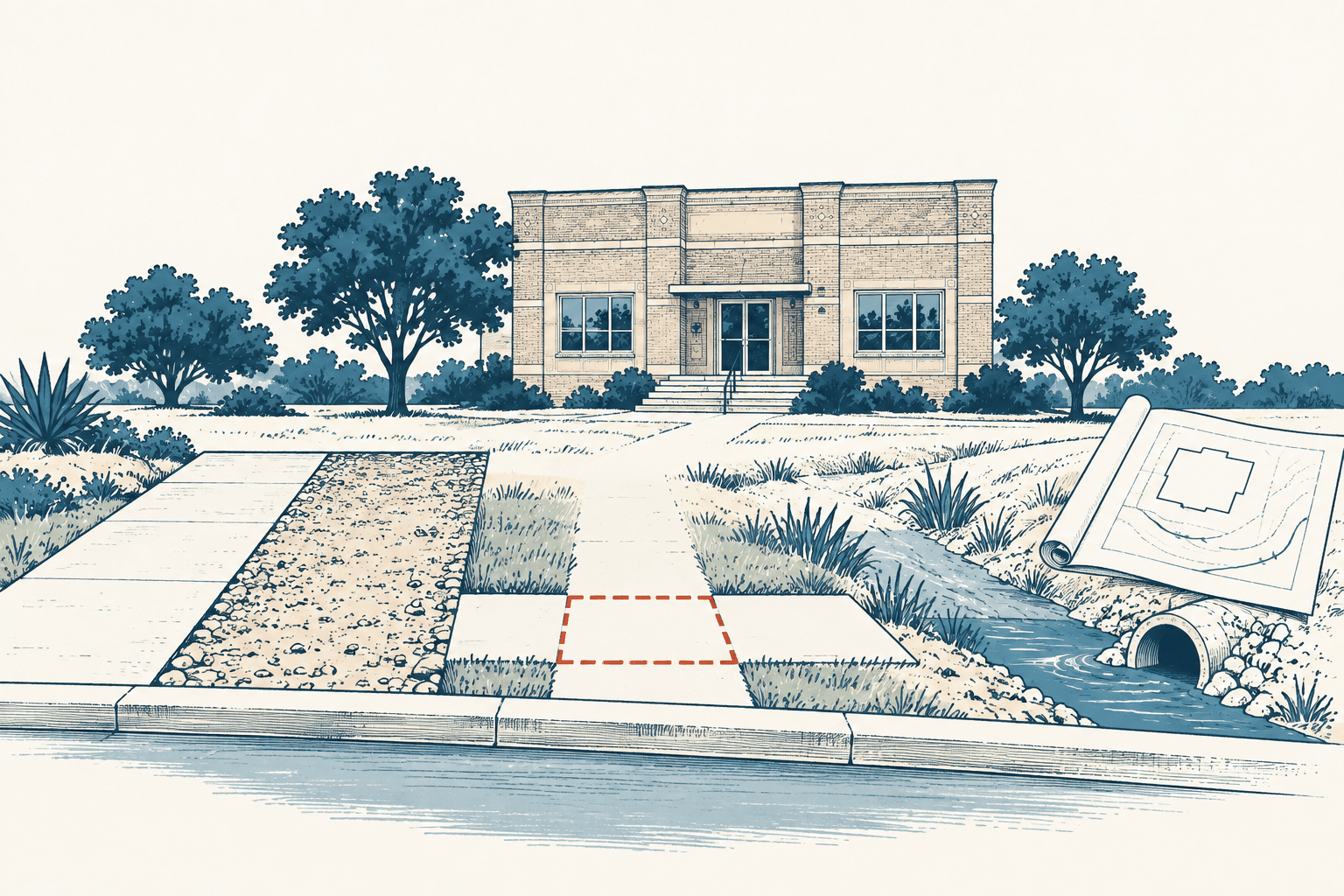Editorial illustration of a civic building behind contrasting paved and gravel parking surfaces, a sidewalk with a marked gap, and a drainage channel beside an unrolled site plan.
